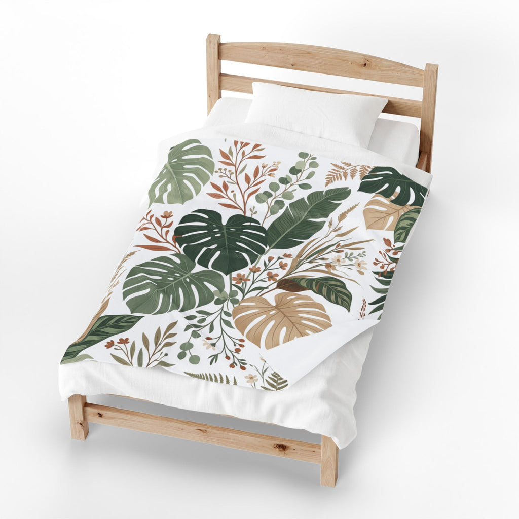 Botanical Monstera Velveteen Plush Blanket – Tropical Leaf Throw for Cozy Home Décor