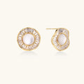 Round 14K gold-plated stud earrings with a mother of pearl center surrounded by baguette-cut crystals, 16mm.