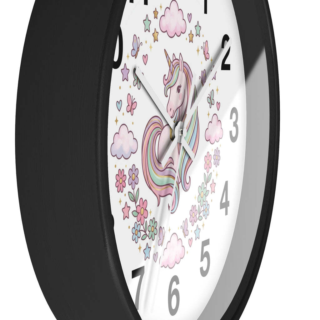 Unicorn Wall Clock — Pastel Rainbow Kids Room Clock with Clouds & Flowers