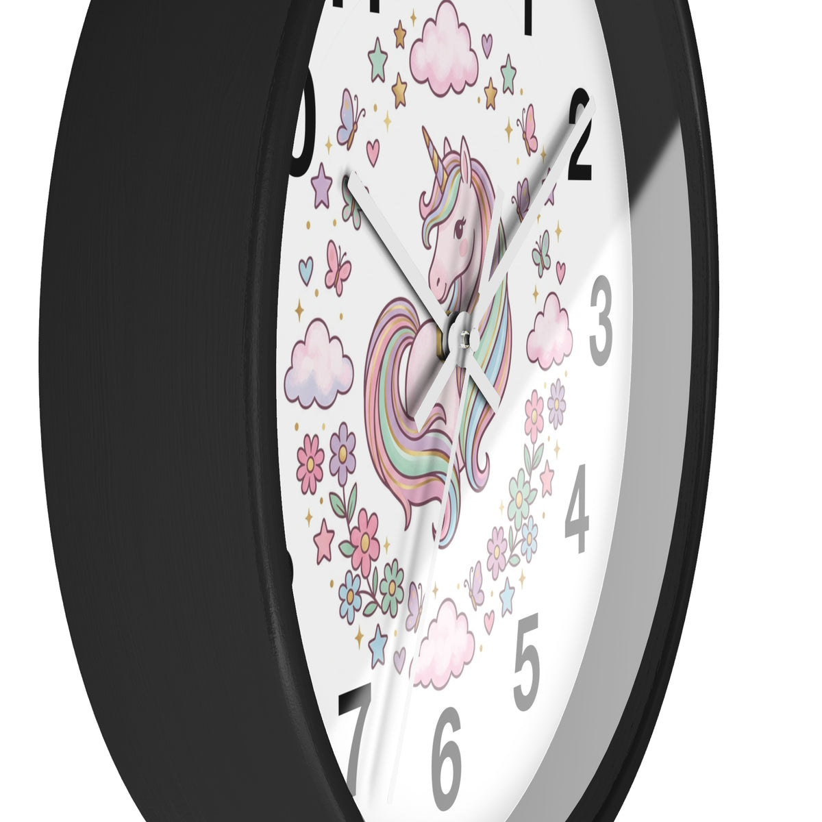 Unicorn Wall Clock — Pastel Rainbow Kids Room Clock with Clouds & Flowers