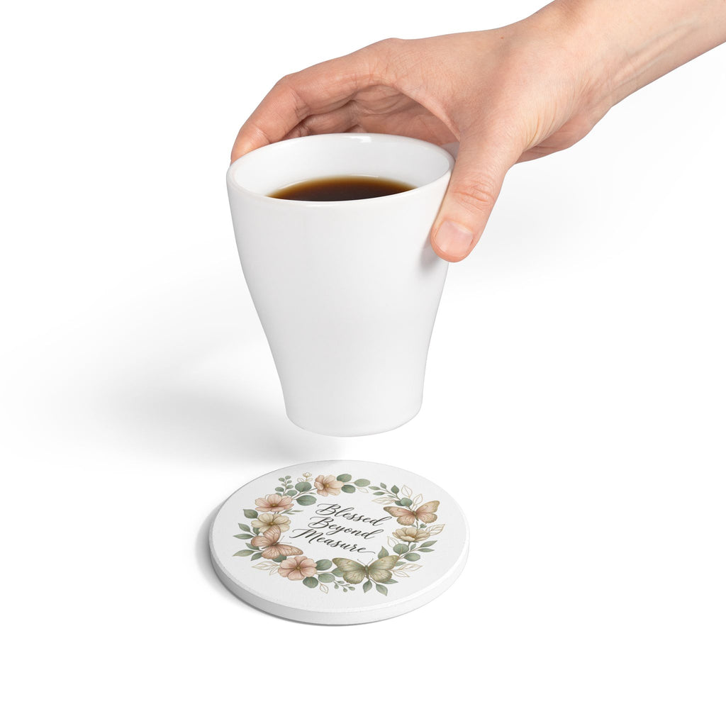Blessed Beyond Measure Ceramic Coaster — Floral Wreath & Butterflies