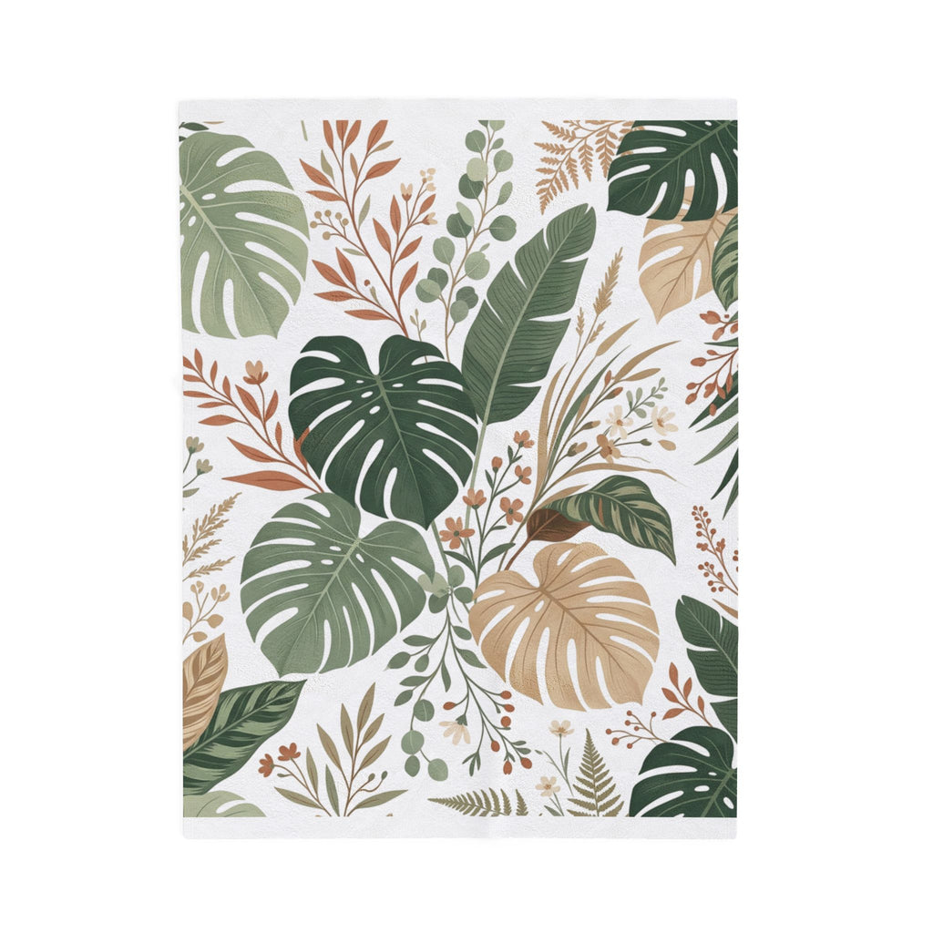 Botanical Monstera Velveteen Plush Blanket – Tropical Leaf Throw for Cozy Home Décor