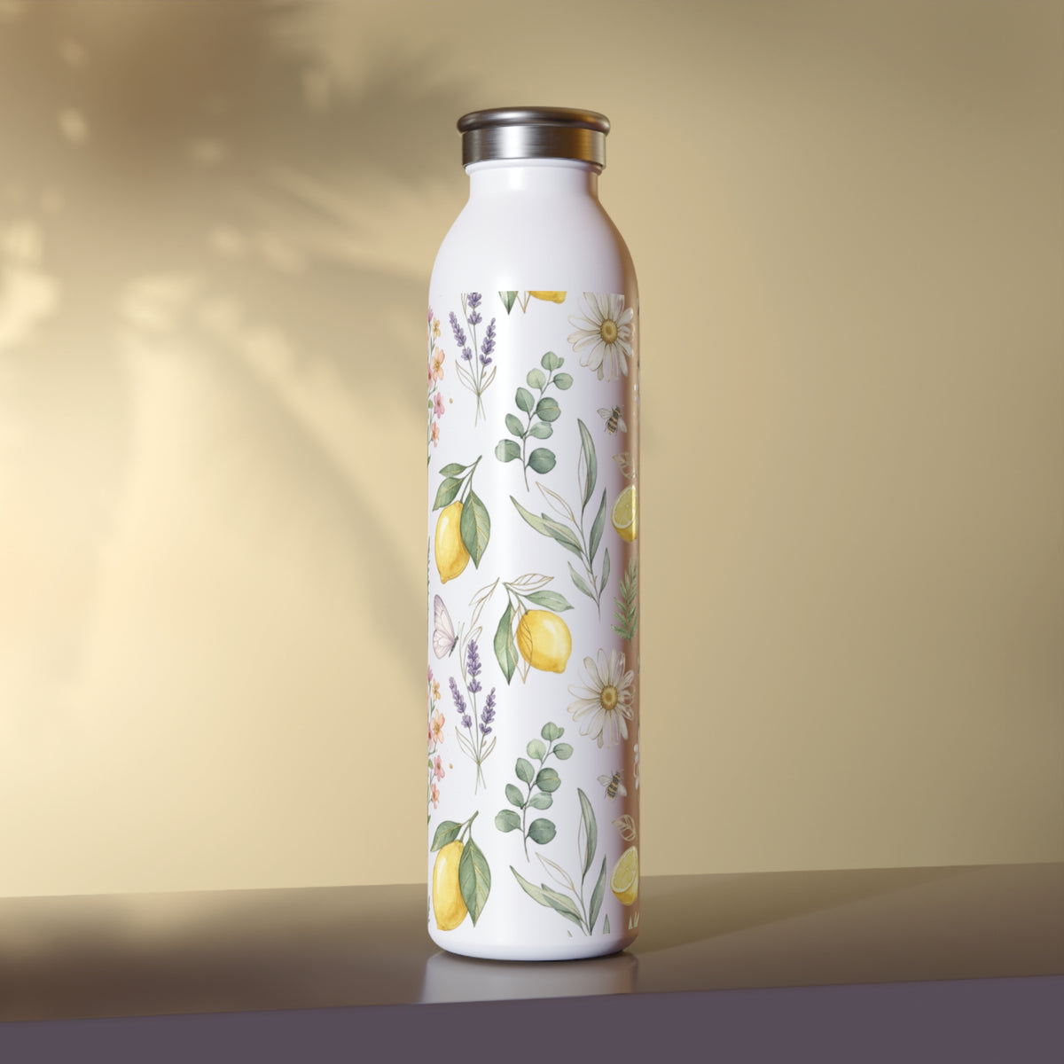 Slim Water Bottle - Lemon Floral Insulated Stainless Steel Bottle