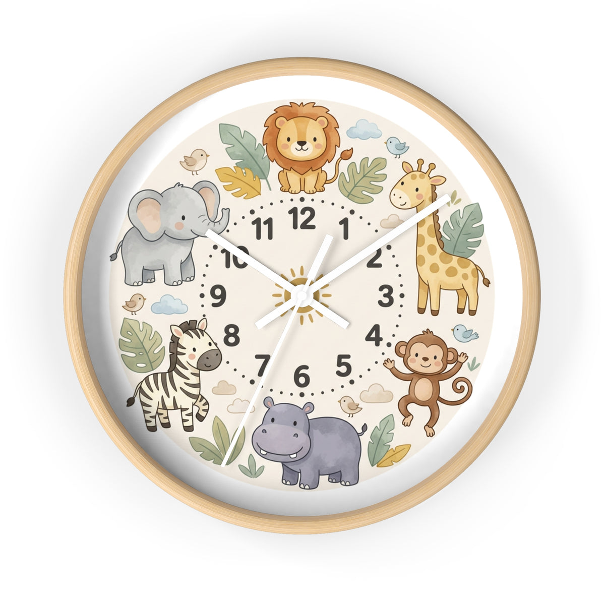 Safari Friends Nursery Wall Clock — Cute Jungle Animal Kids Clock