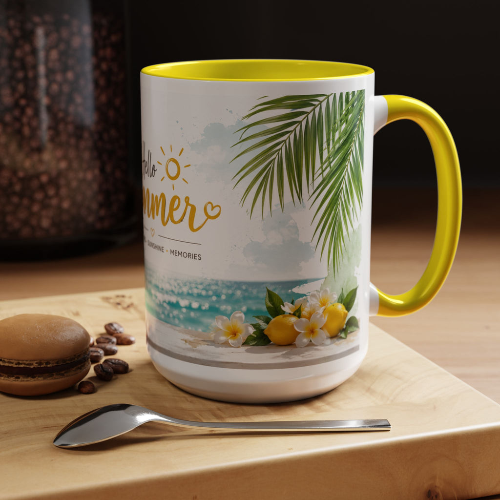 Hello Summer Accent Coffee Mug — Beach Vibes Lemon Palm Coastal Ceramic Mug (11/15oz)