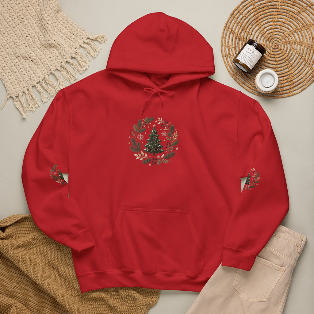 Christmas Tree Wreath Hoodie — Festive Botanical Sweatshirt, 50/50 Cotton-Poly, Unisex