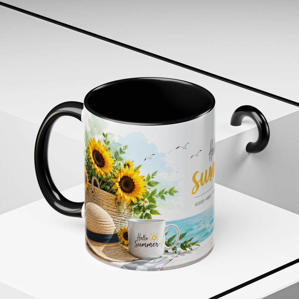 Hello Summer Accent Coffee Mug — Beach Vibes Lemon Palm Coastal Ceramic Mug (11/15oz)