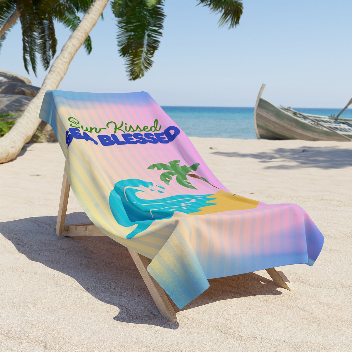 Beach Towel — "Sun-Kissed Sea Blessed" Tropical Palm & Wave Beach Towel