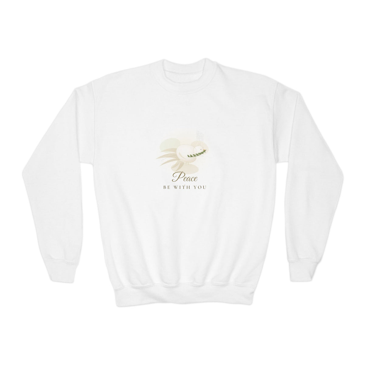 Youth crewneck sweatshirt in white with Peace Be With You dove print — kids holiday sweatshirt by Maison Najma