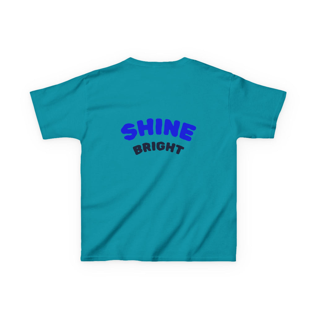 Kids Tee — "Be Kind, Be Cool" Dinosaur Graphic with "Shine Bright" Back