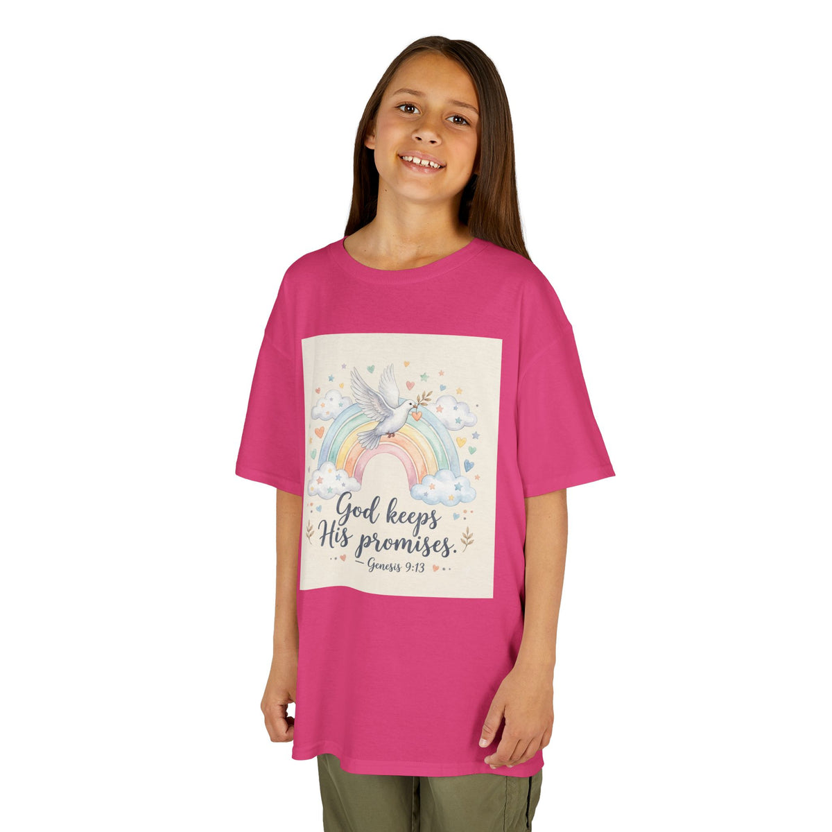 Christian Kids T-Shirt — "God Keeps His Promises" Rainbow Dove Tee | Psalm 145:13