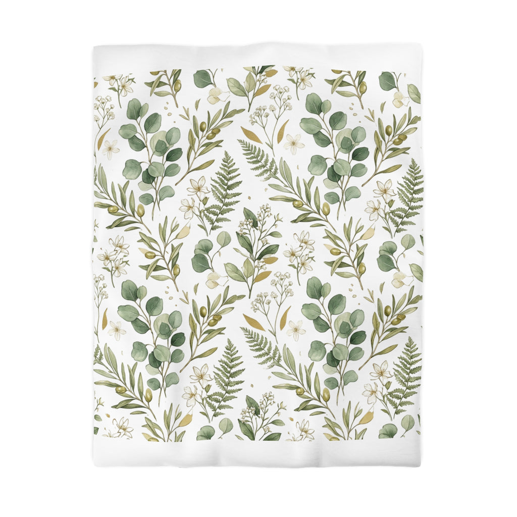 Botanical Eucalyptus Duvet Cover — Green Fern & Floral Microfiber Bedding