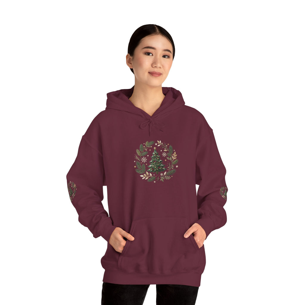 Christmas Tree Wreath Hoodie — Festive Botanical Sweatshirt, 50/50 Cotton-Poly, Unisex