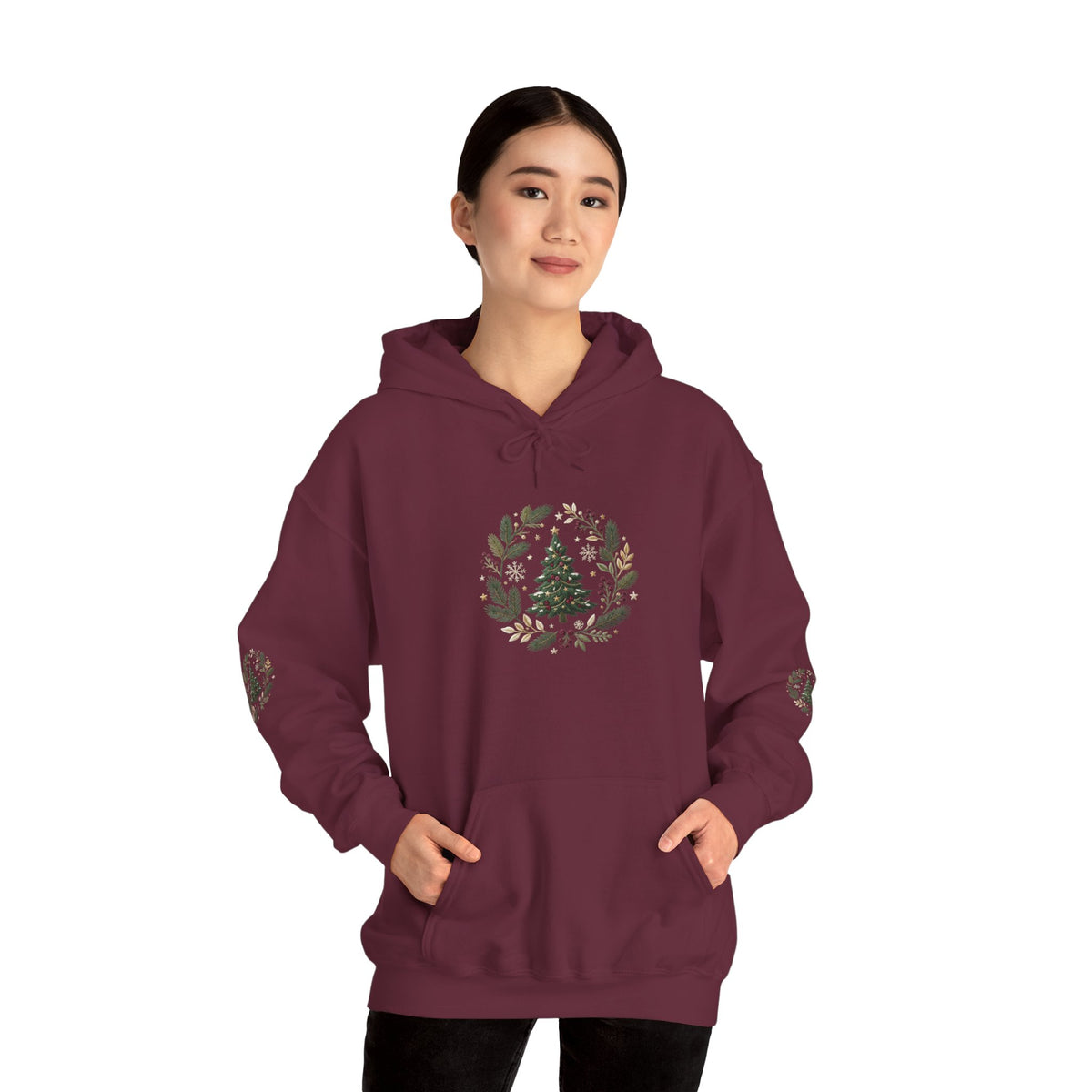 Christmas Tree Wreath Hoodie — Festive Botanical Sweatshirt, 50/50 Cotton-Poly, Unisex