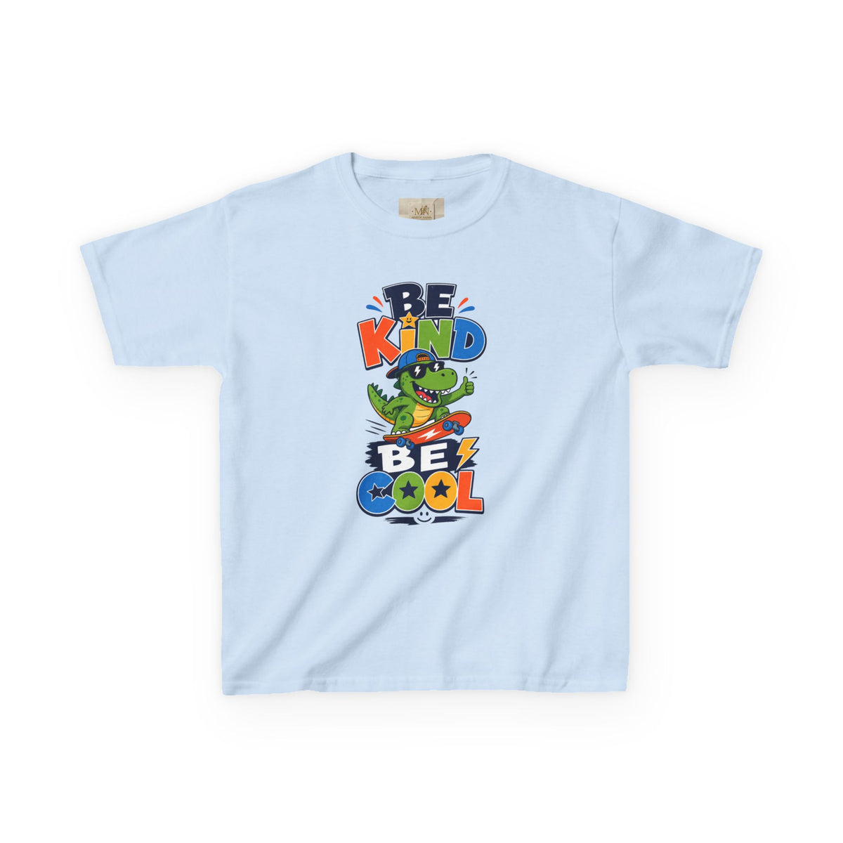 Kids Tee — "Be Kind, Be Cool" Dinosaur Graphic with "Shine Bright" Back