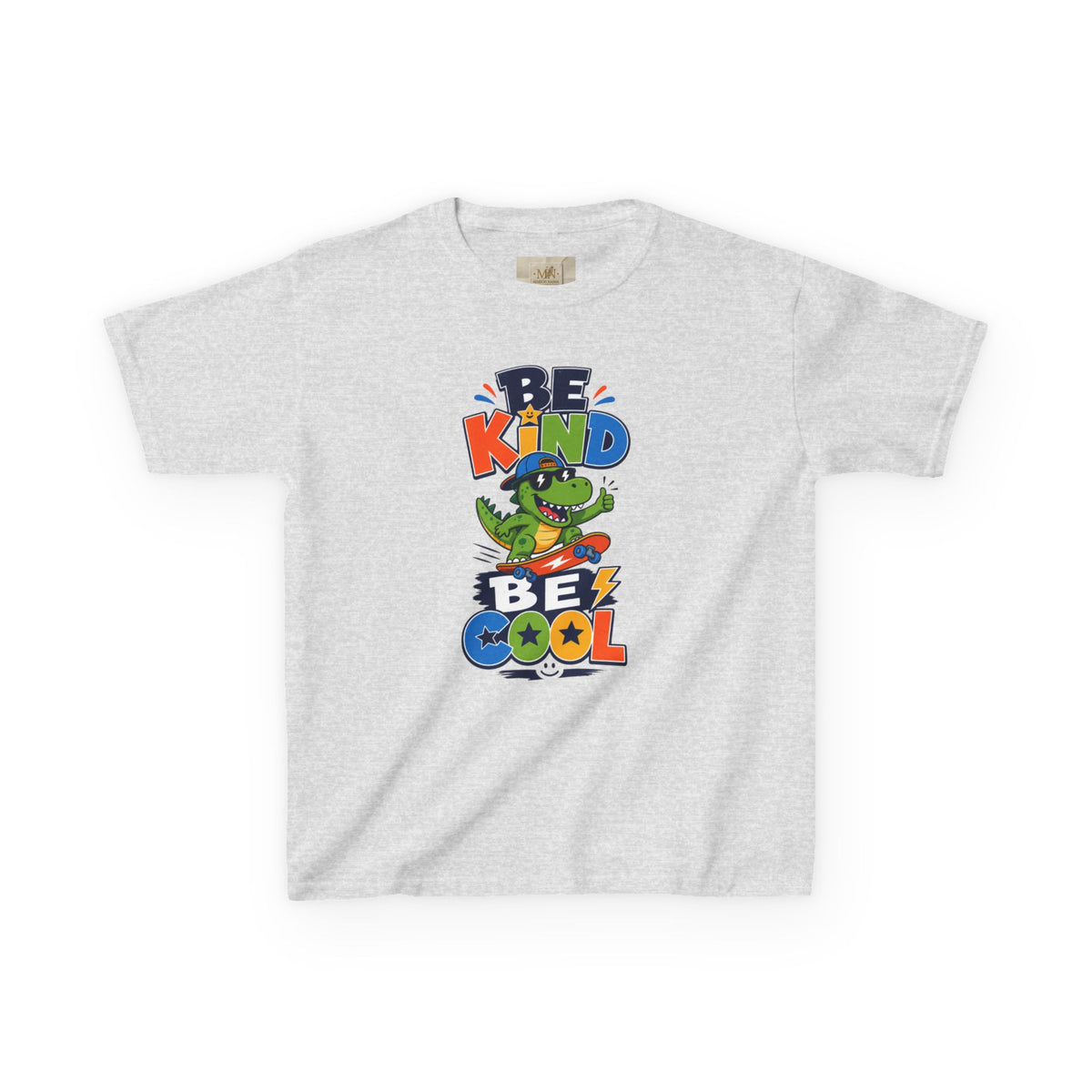 Kids Tee — "Be Kind, Be Cool" Dinosaur Graphic with "Shine Bright" Back