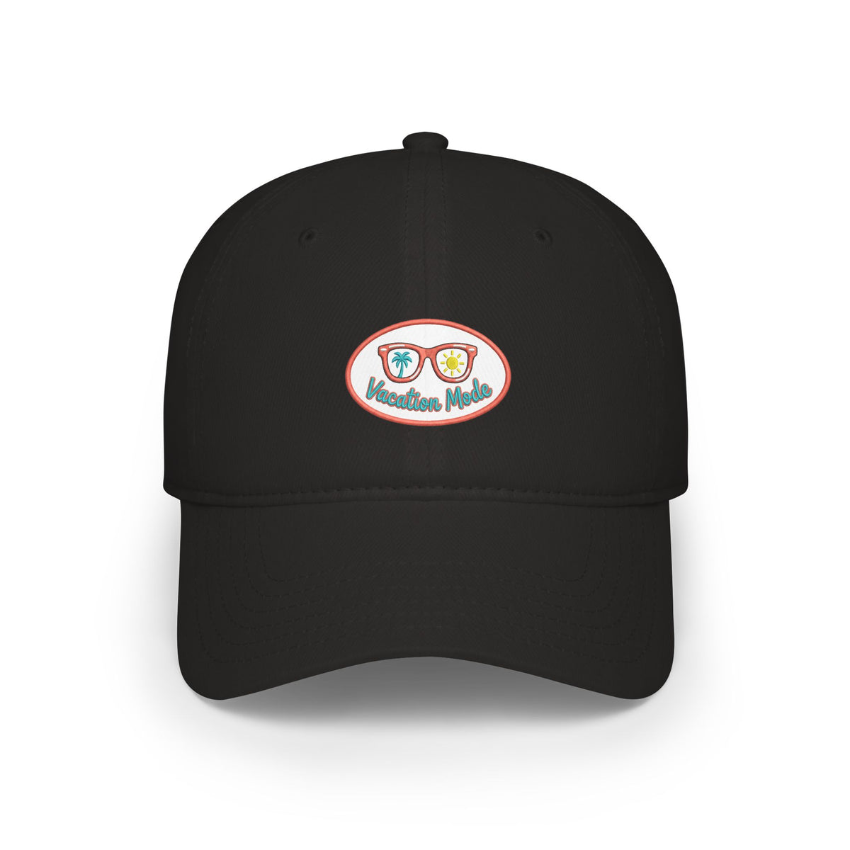 Red 'Vacation Mode' Low Profile Baseball Cap — Sunglasses Patch Dad Hat