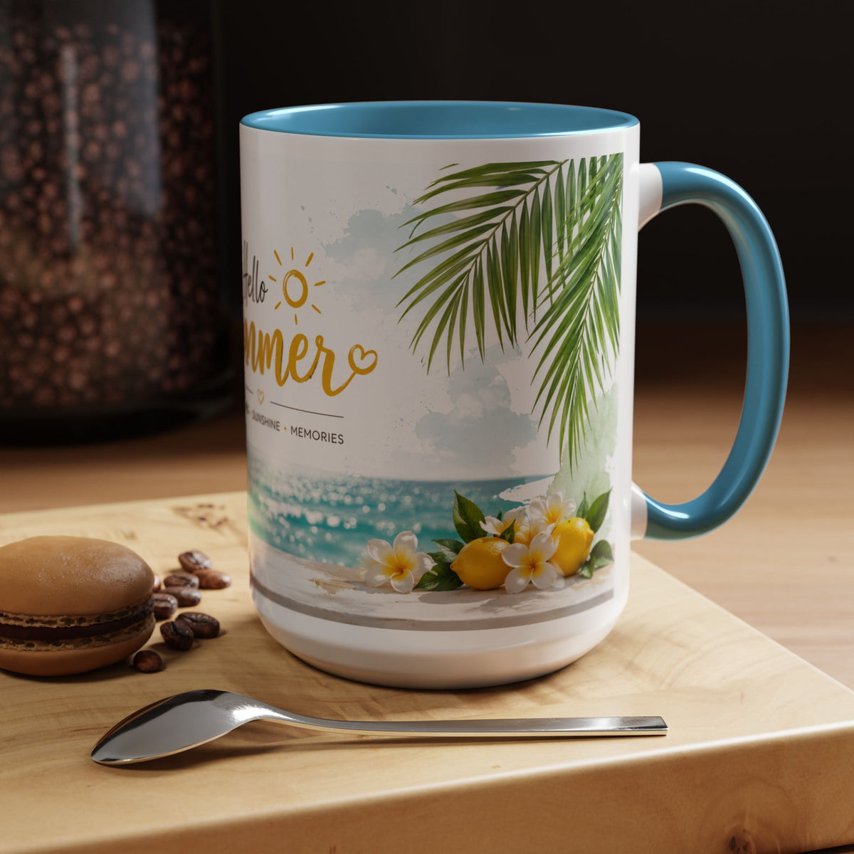 Hello Summer Accent Coffee Mug — Beach Vibes Lemon Palm Coastal Ceramic Mug (11/15oz)