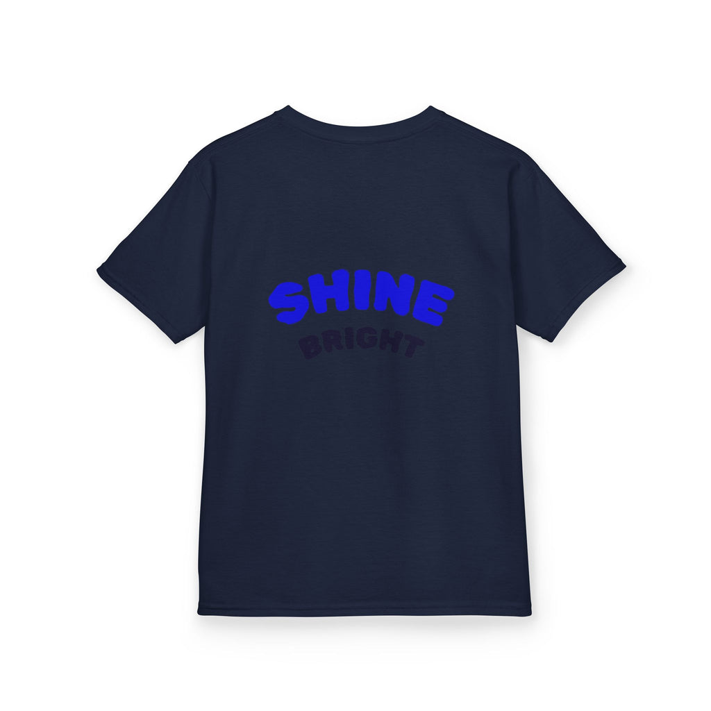 Kids Tee — "Be Kind, Be Cool" Dinosaur Graphic with "Shine Bright" Back