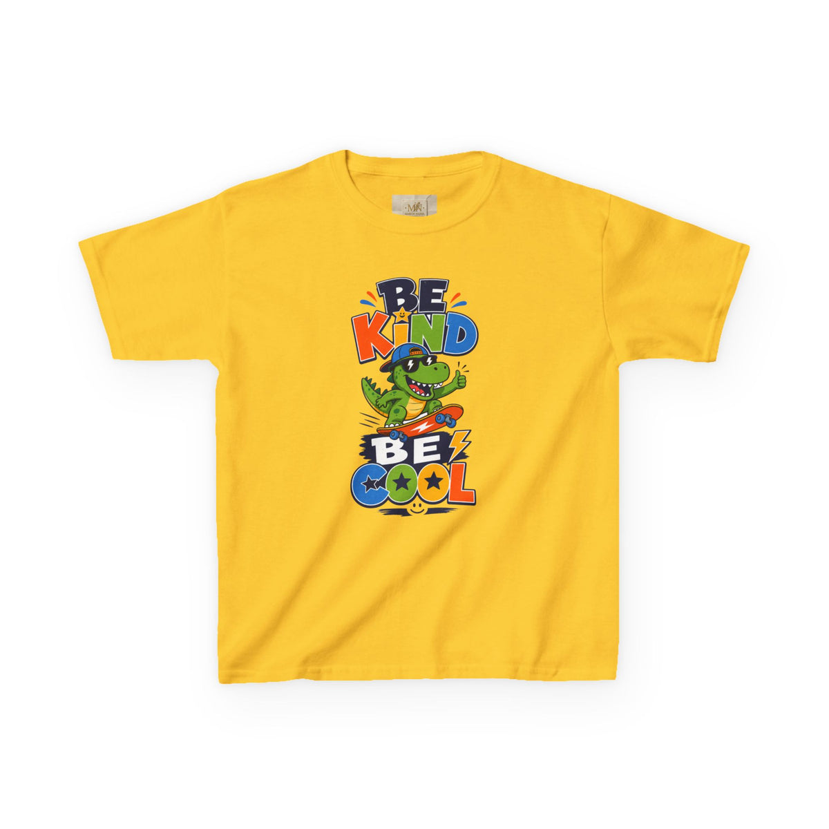 Kids Tee — "Be Kind, Be Cool" Dinosaur Graphic with "Shine Bright" Back