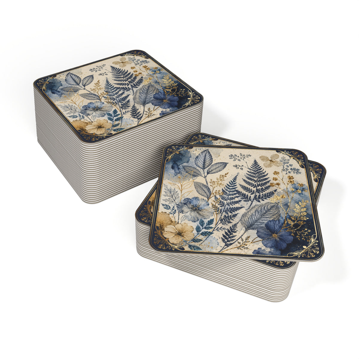 Floral Fern Coaster — Navy & Gold Botanical Print, 4×4 inch, 100 piece set