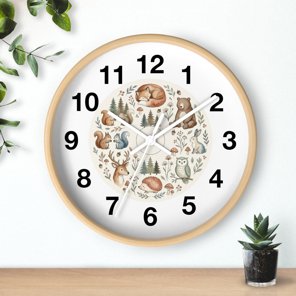 Woodland Animals Wall Clock — Cute Forest Nursery Clock with Fox, Deer, Owl & Squirrel