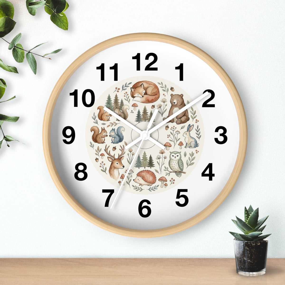 Woodland Animals Wall Clock — Cute Forest Nursery Clock with Fox, Deer, Owl & Squirrel