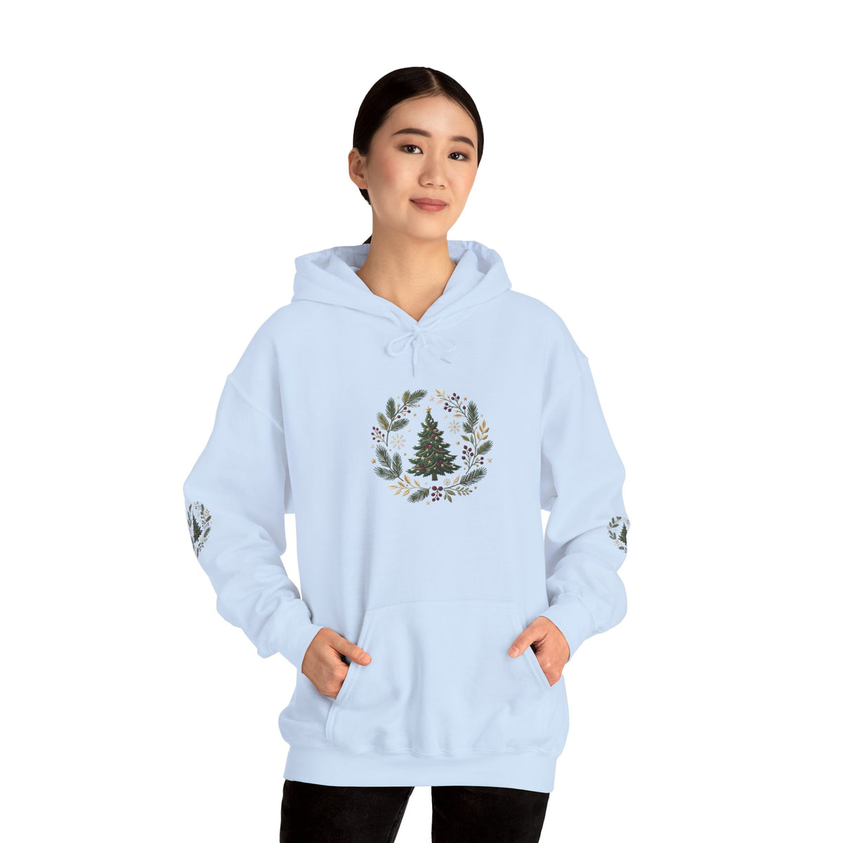 Christmas Tree Wreath Hoodie — Festive Botanical Sweatshirt, 50/50 Cotton-Poly, Unisex