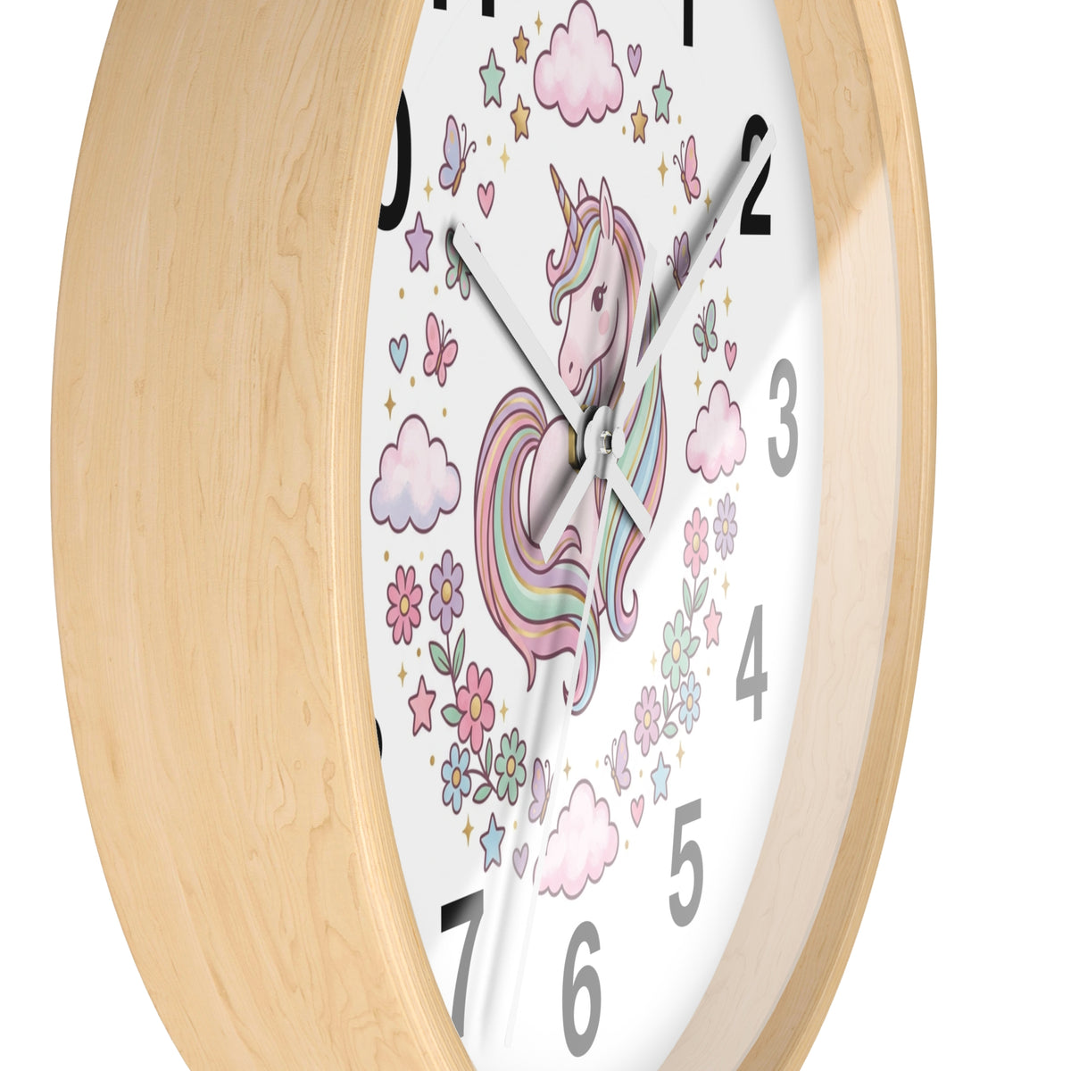 Unicorn Wall Clock — Pastel Rainbow Kids Room Clock with Clouds & Flowers