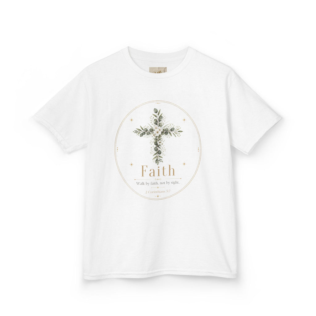 Kids Tee — Floral Cross “Faith” Christian Shirt for Children (Easter, Baptism, Church)