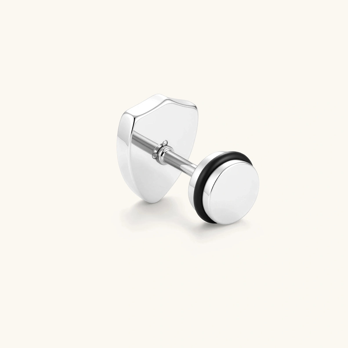 Silver stainless steel shield-shaped stud earring with black enamel and raised Maltese cross, rubber-secured backing.