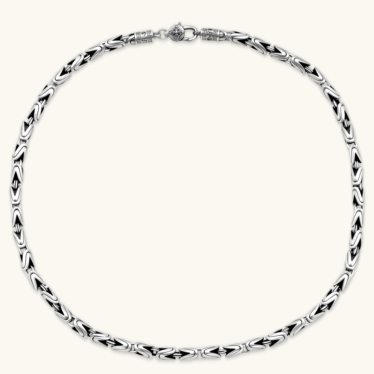Men's antique silver Byzantine chain necklace, 6.2mm wide interlocking S-link pattern with ornate lobster clasp, 560mm length.