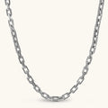 Silver 316L stainless steel rectangular link chain necklace with intricate scroll engravings, 560mm length, 7.1mm width.