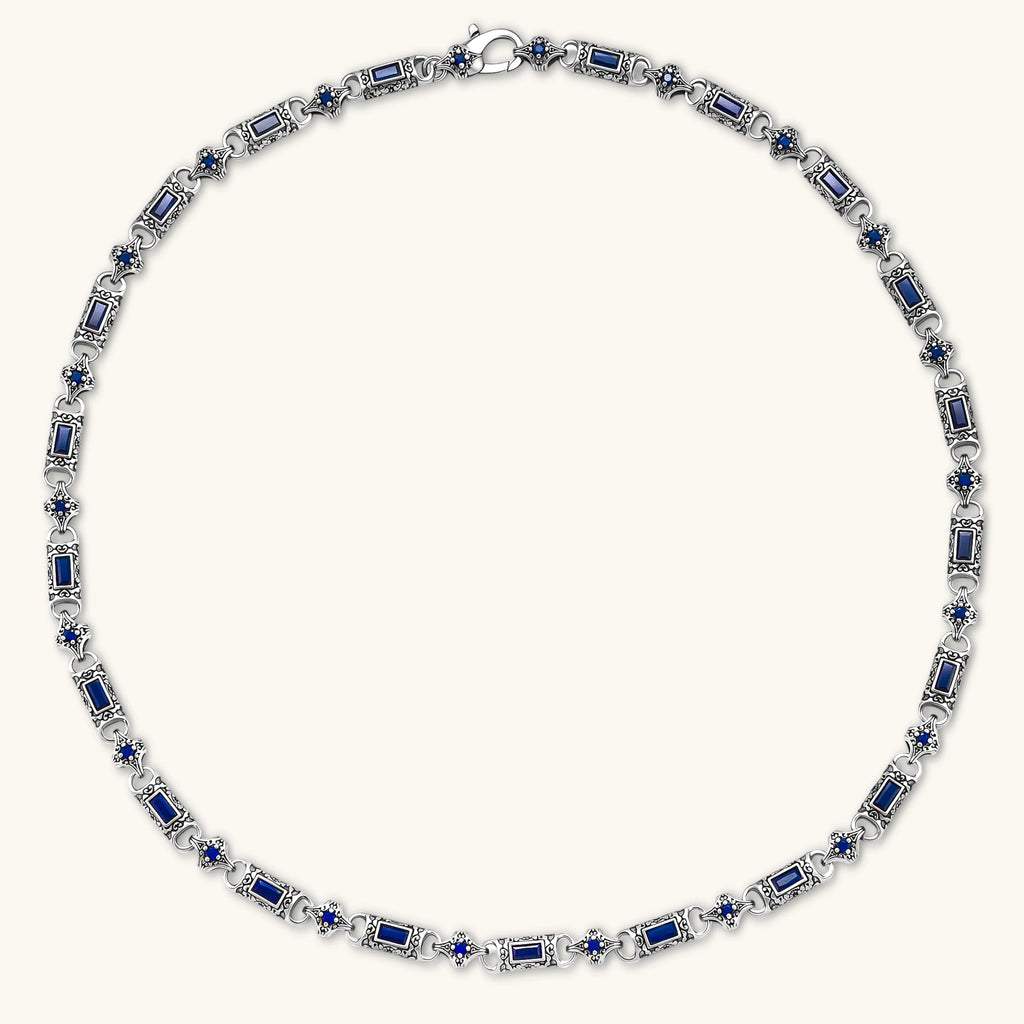 Oxidized silver 316L stainless steel chain necklace with rectangular navy CZ links and ornate gothic connector pieces, 640mm.