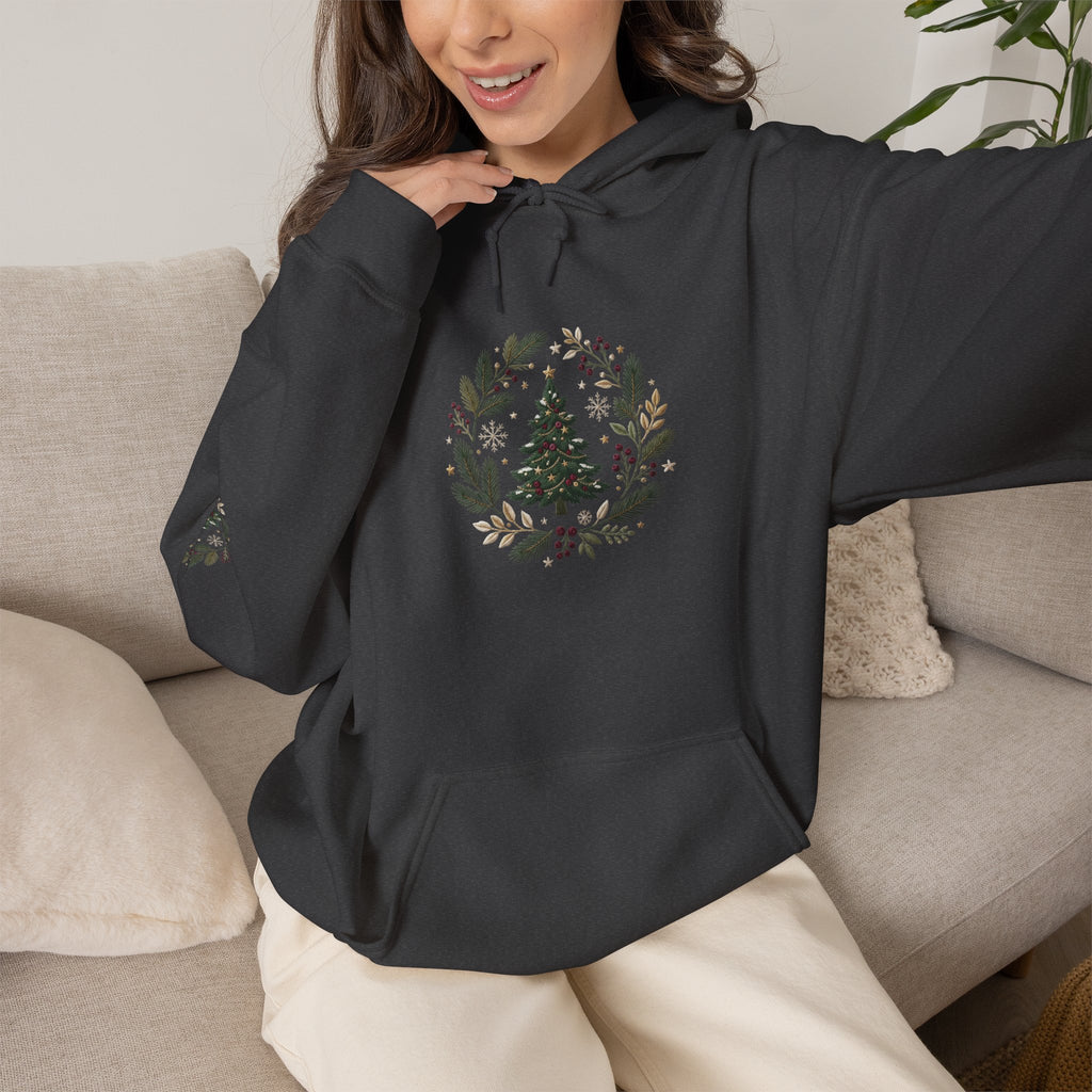 Christmas Tree Wreath Hoodie — Festive Botanical Sweatshirt, 50/50 Cotton-Poly, Unisex