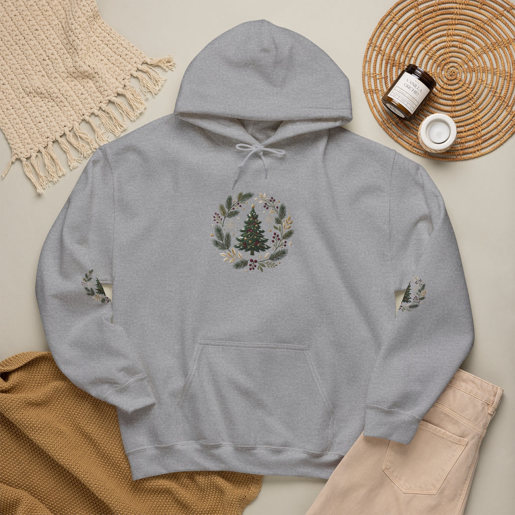Christmas Tree Wreath Hoodie — Festive Botanical Sweatshirt, 50/50 Cotton-Poly, Unisex