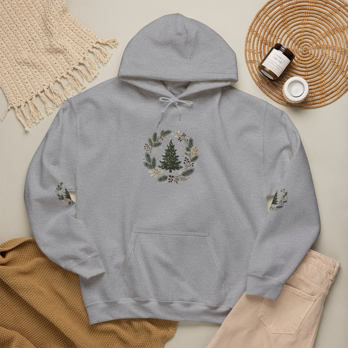 Christmas Tree Wreath Hoodie — Festive Botanical Sweatshirt, 50/50 Cotton-Poly, Unisex