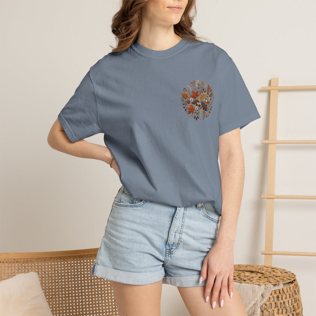 T-Shirt — Autumn Floral Wreath Tee (Fall Leaves Chest & Back Print)