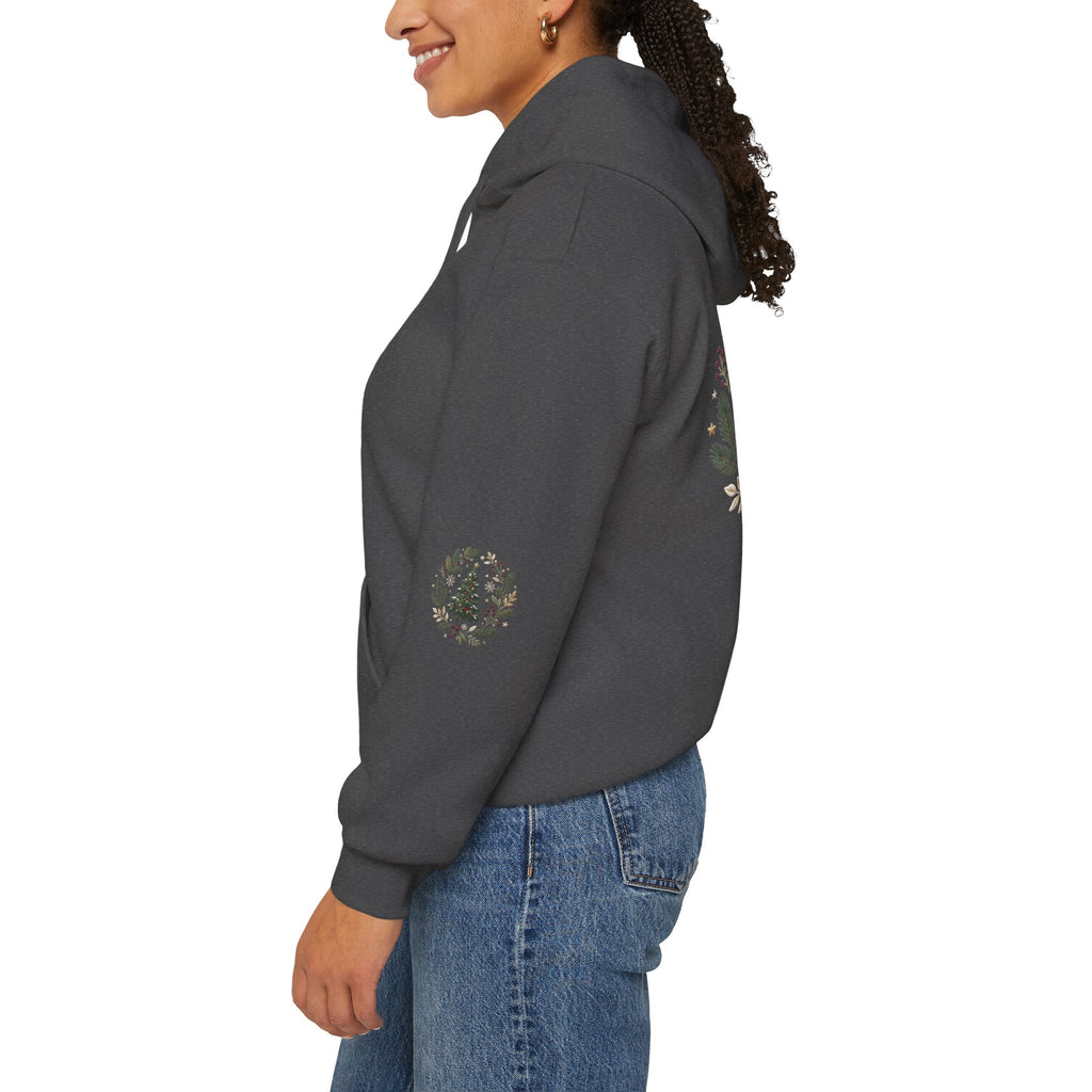Christmas Tree Wreath Hoodie — Festive Botanical Sweatshirt, 50/50 Cotton-Poly, Unisex