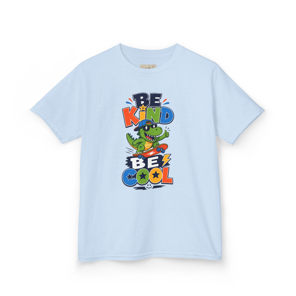 Kids Tee — "Be Kind, Be Cool" Dinosaur Graphic with "Shine Bright" Back