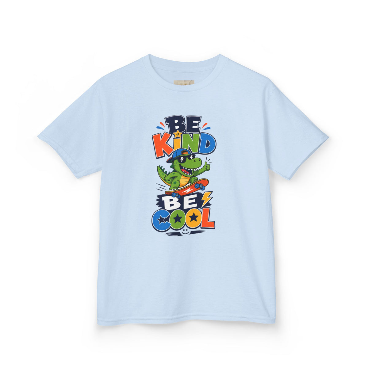 Kids Tee — "Be Kind, Be Cool" Dinosaur Graphic with "Shine Bright" Back