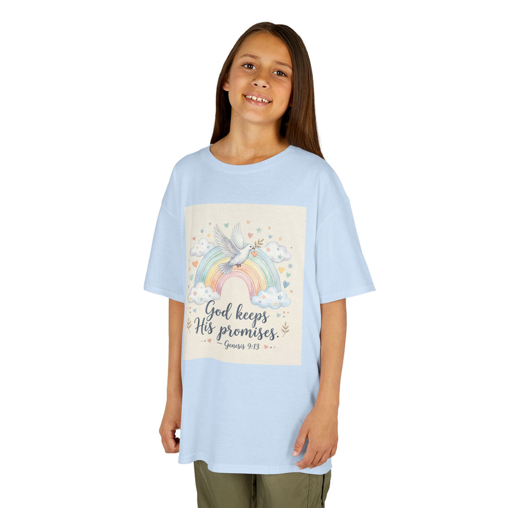 Christian Kids T-Shirt — "God Keeps His Promises" Rainbow Dove Tee | Psalm 145:13