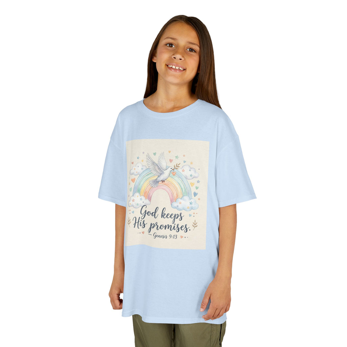 Christian Kids T-Shirt — "God Keeps His Promises" Rainbow Dove Tee | Psalm 145:13