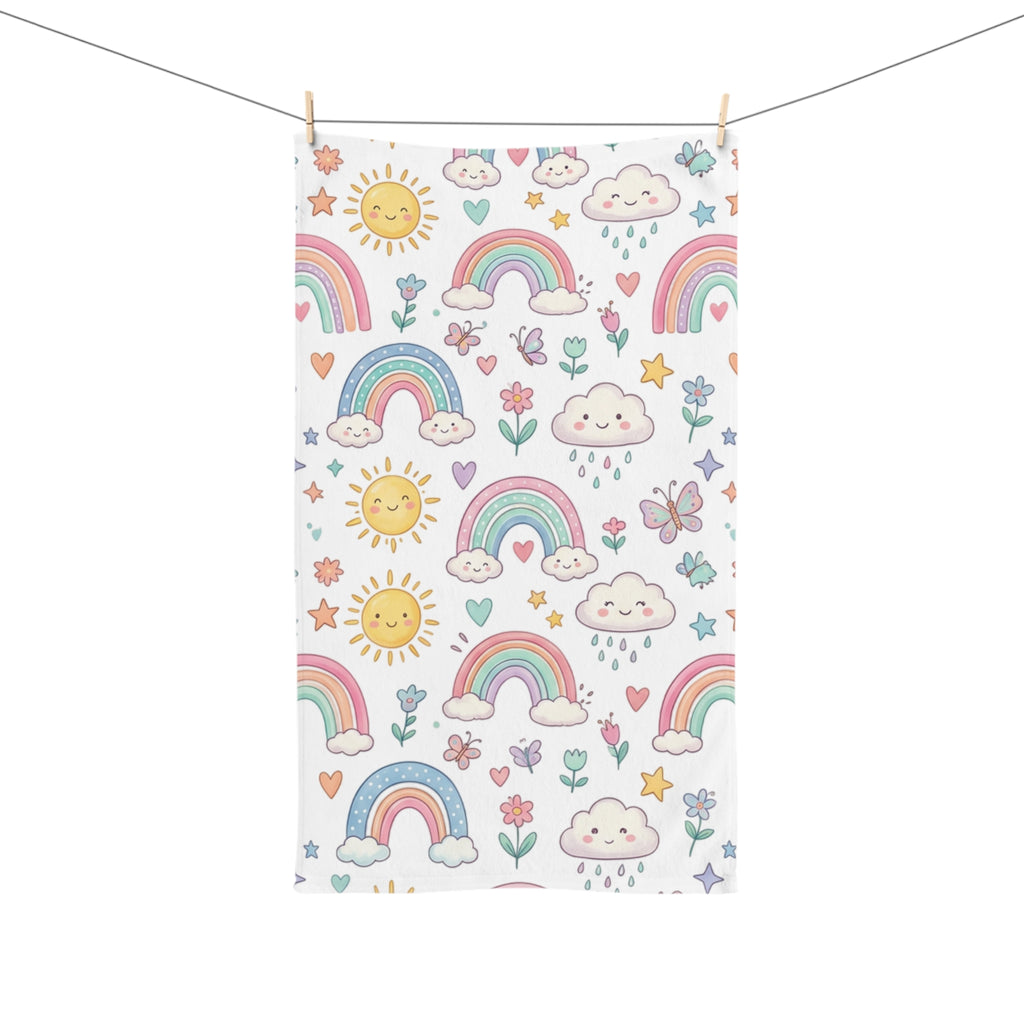 Cute Pastel Rainbows Hand Towel — Sun, Clouds & Hearts Kids Bath Accent