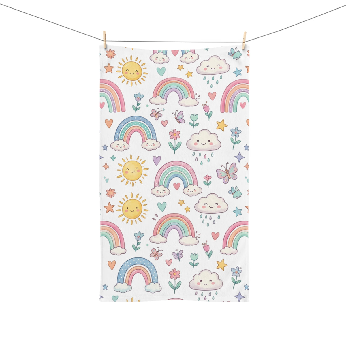Cute Pastel Rainbows Hand Towel — Sun, Clouds & Hearts Kids Bath Accent