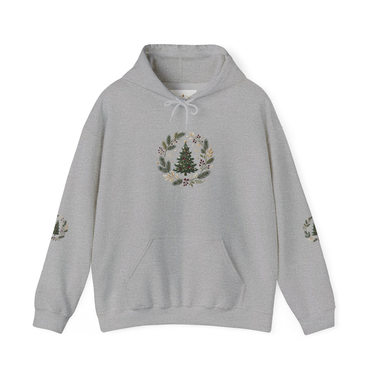 Christmas Tree Wreath Hoodie — Festive Botanical Sweatshirt, 50/50 Cotton-Poly, Unisex