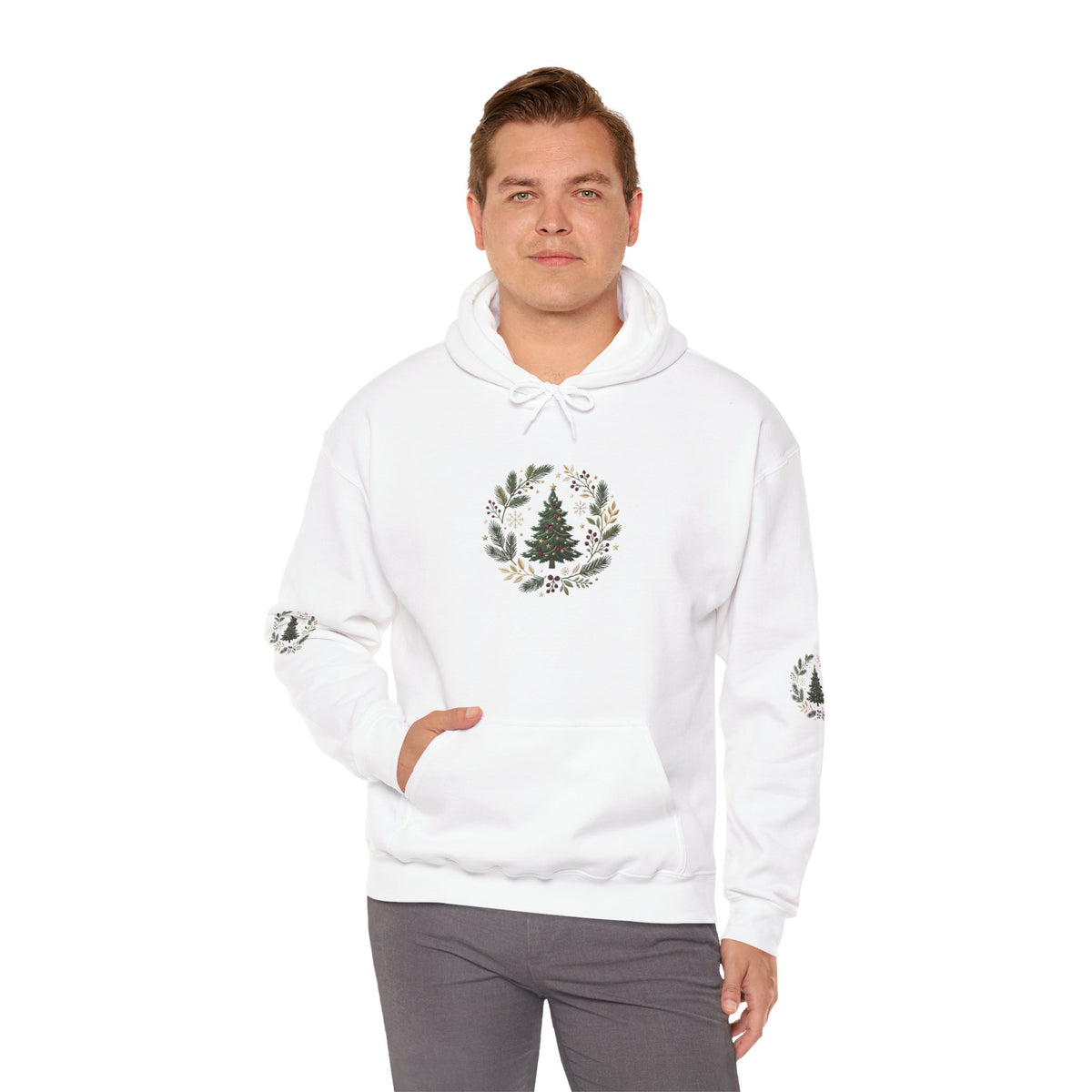 Christmas Tree Wreath Hoodie — Festive Botanical Sweatshirt, 50/50 Cotton-Poly, Unisex