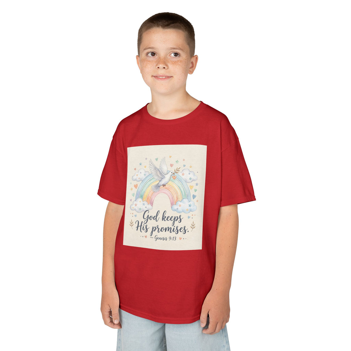 Christian Kids T-Shirt — "God Keeps His Promises" Rainbow Dove Tee | Psalm 145:13