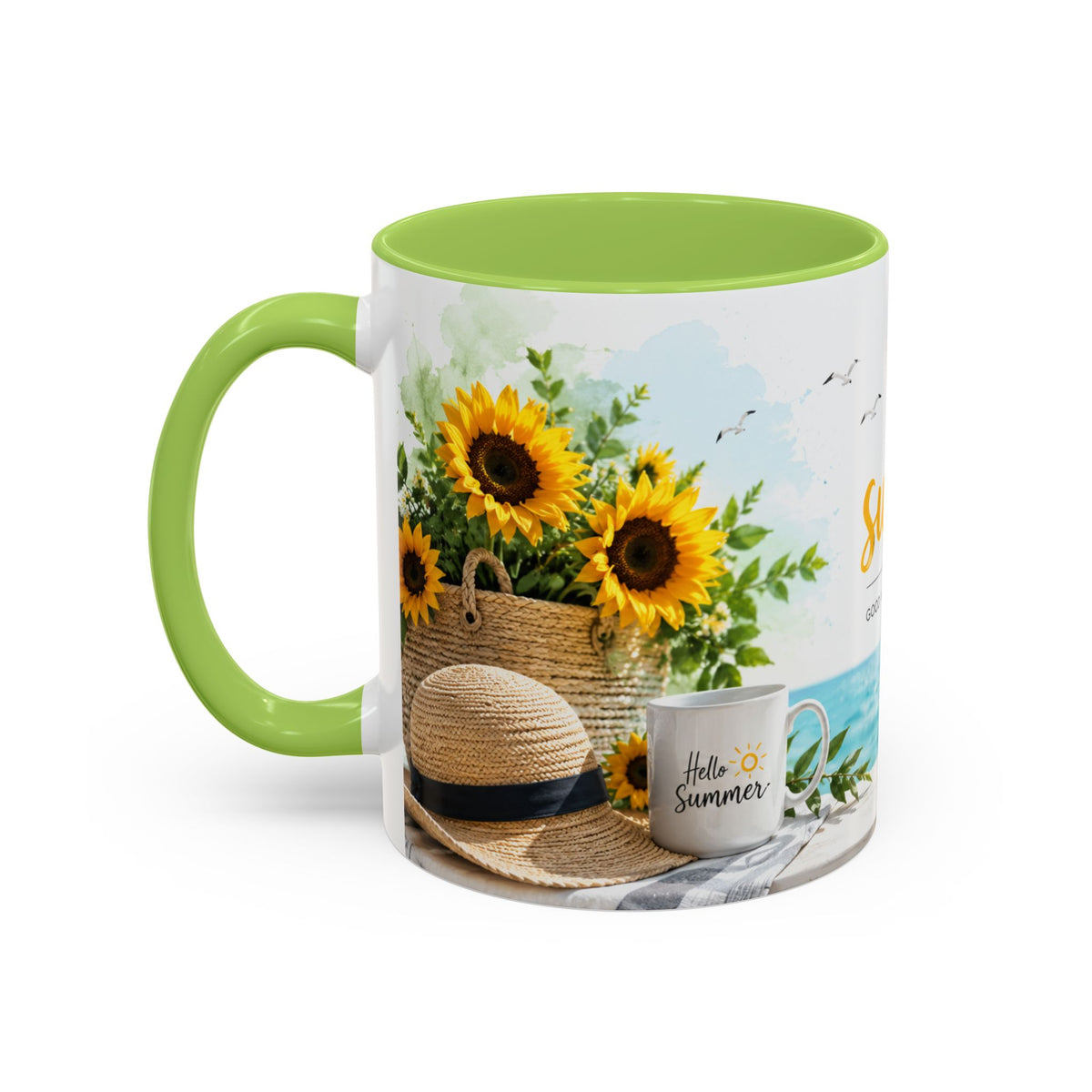 Hello Summer Accent Coffee Mug — Beach Vibes Lemon Palm Coastal Ceramic Mug (11/15oz)
