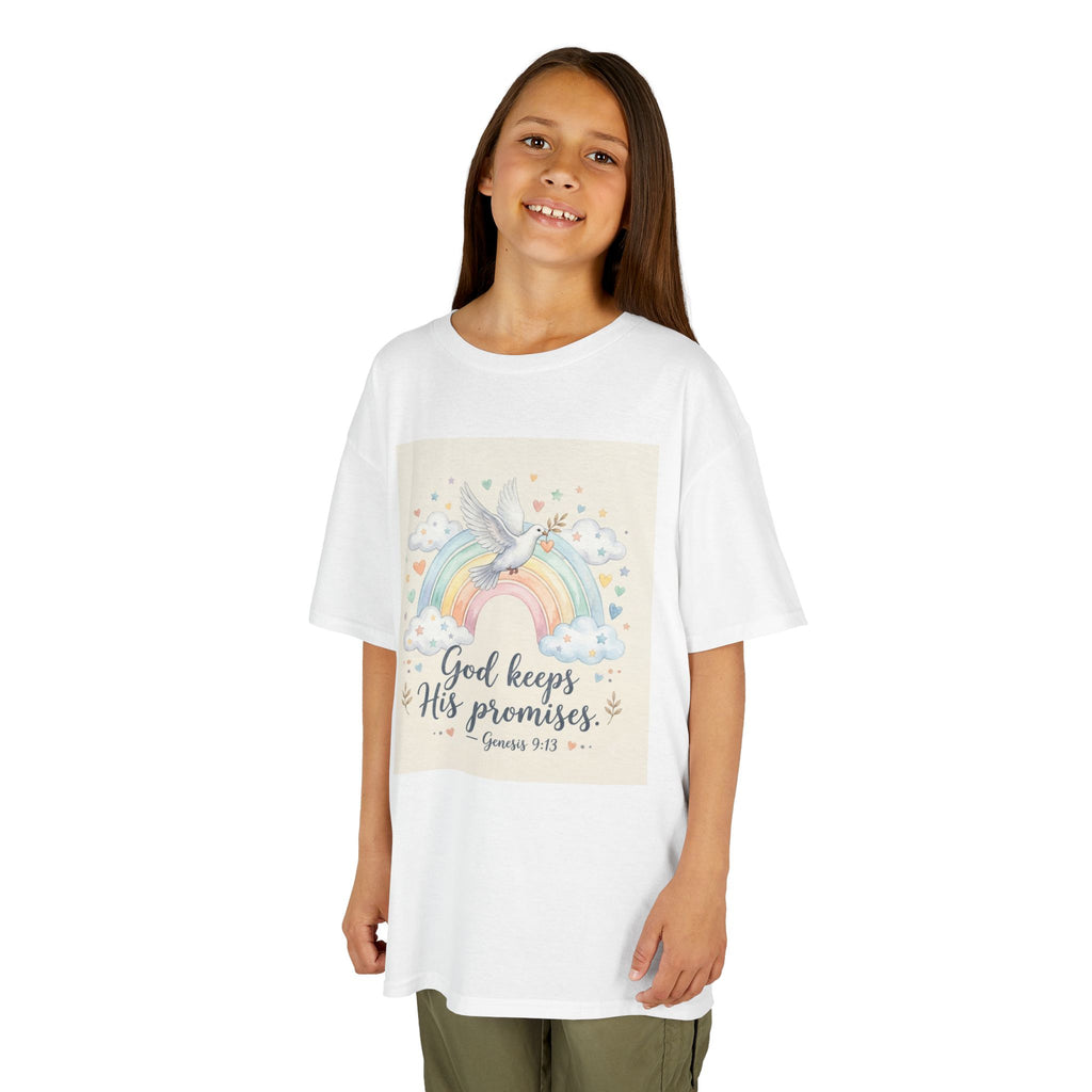 Christian Kids T-Shirt — "God Keeps His Promises" Rainbow Dove Tee | Psalm 145:13